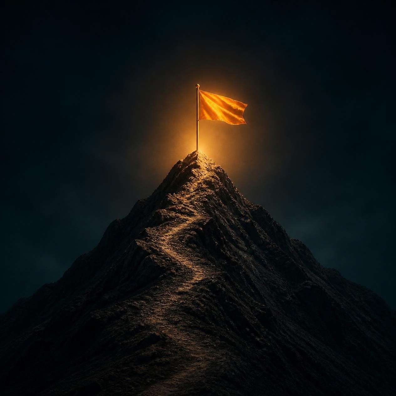 A flag planted at the summit of a mountain after the climb