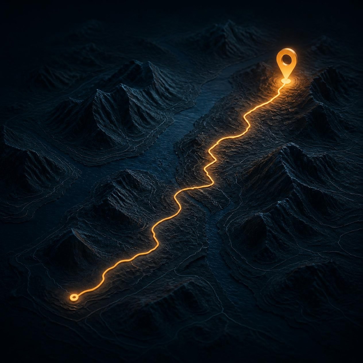 A clear path tracing across dark terrain to a marked destination